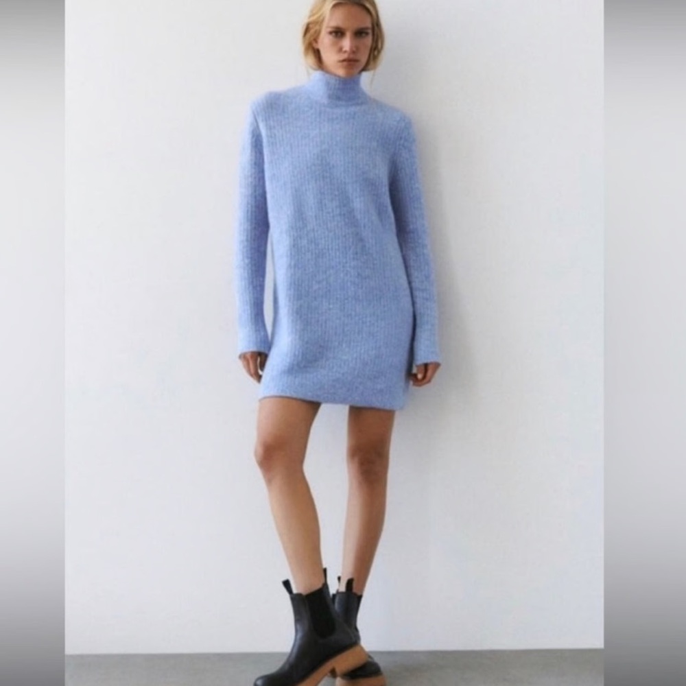 Zara Knit Mock Neck Dress Blue wool blend women's size Small